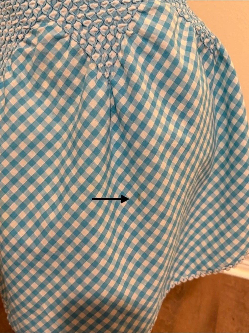 Vintage Blue Gingham Smocked Half Apron Tie Waist Pocket Cottagecore Prairie 50s